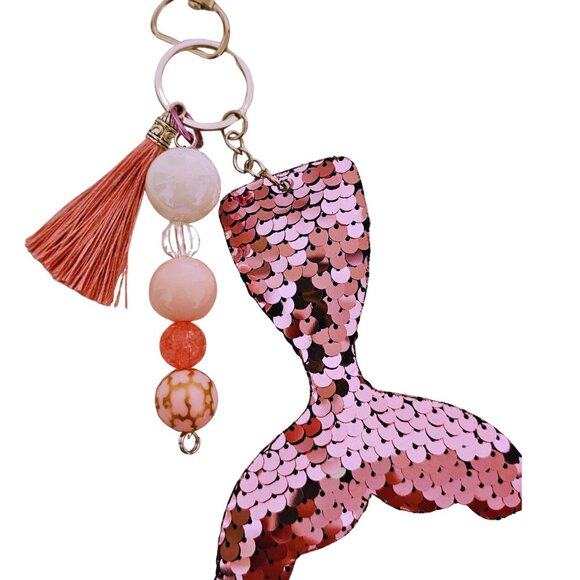Mermaid Tail Keychain, Pink Sequin Plush, Silk Tassel Bead Purse Charm Backpack - Picture 1 of 1